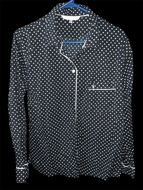 Victoria's Secret Black & White Polka Dot Pajama Top Button Up M Pink Piping